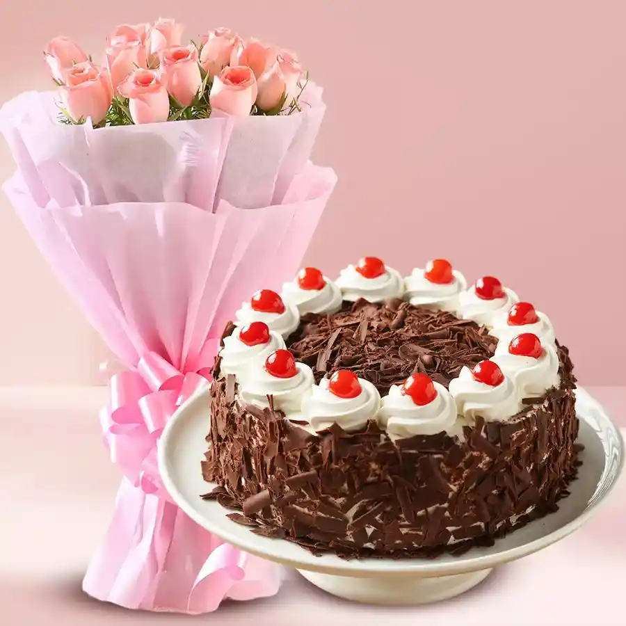 Combo of 1/2 kg Black Forest cake and 10 pink roses bouquet for Mother's Day celebration.