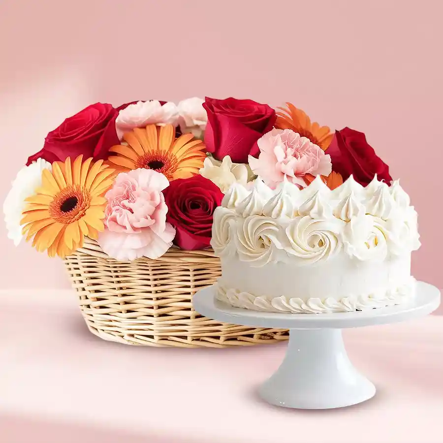 A delightful gift combo featuring a 1 lb vanilla cake and a vibrant arrangement of 12 mixed flowers.