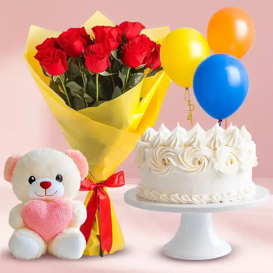 Gift combo featuring a Vanilla Cake, red rose bouquet, small teddy bear, and colorful balloons for special occasions.