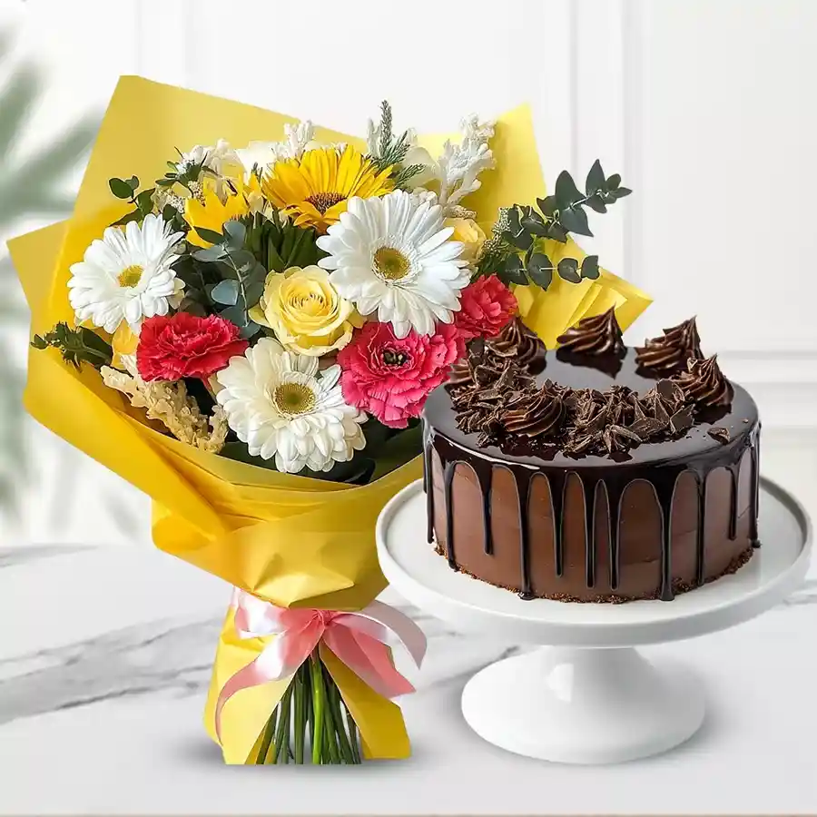 A delicious 1 lb chocolate cake paired with a colorful mixed floral bouquet for a perfect gift combo.