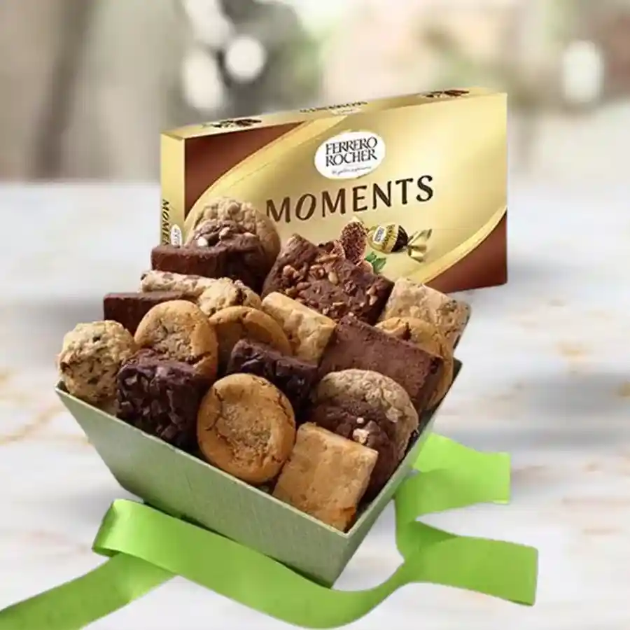 Delectable brownies and assorted cookies gift box with Ferrero Rocher chocolates