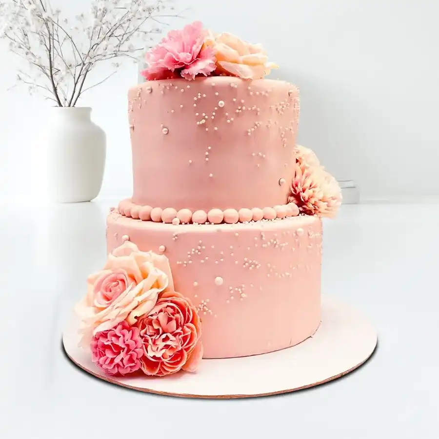 Heartfelt double-tiered wedding cake, weighing 5 kg, symbolizing love and celebration.