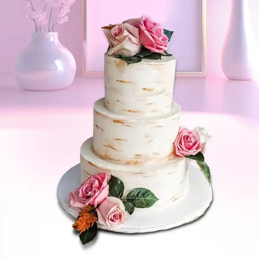 A lavish 3 tier wedding cake weighing 7 Kg, ideal for special celebrations, featuring beautiful layers that entice and inspire.