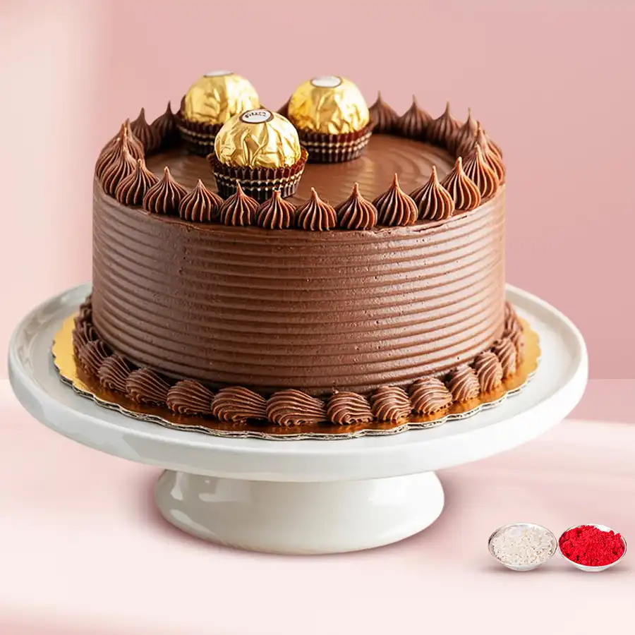 A luxurious Ferrero Rocher Chocolate Cake, weighing 500 grams, perfect for gifting and celebrations.
