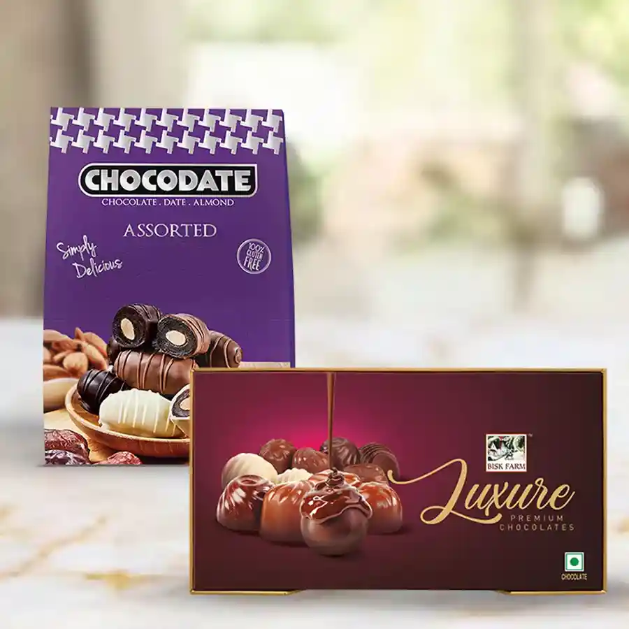 Delicious Choco Date and Truffle Chocolate Duo gift box featuring chocolate-dipped dates and assorted handcrafted truffles
