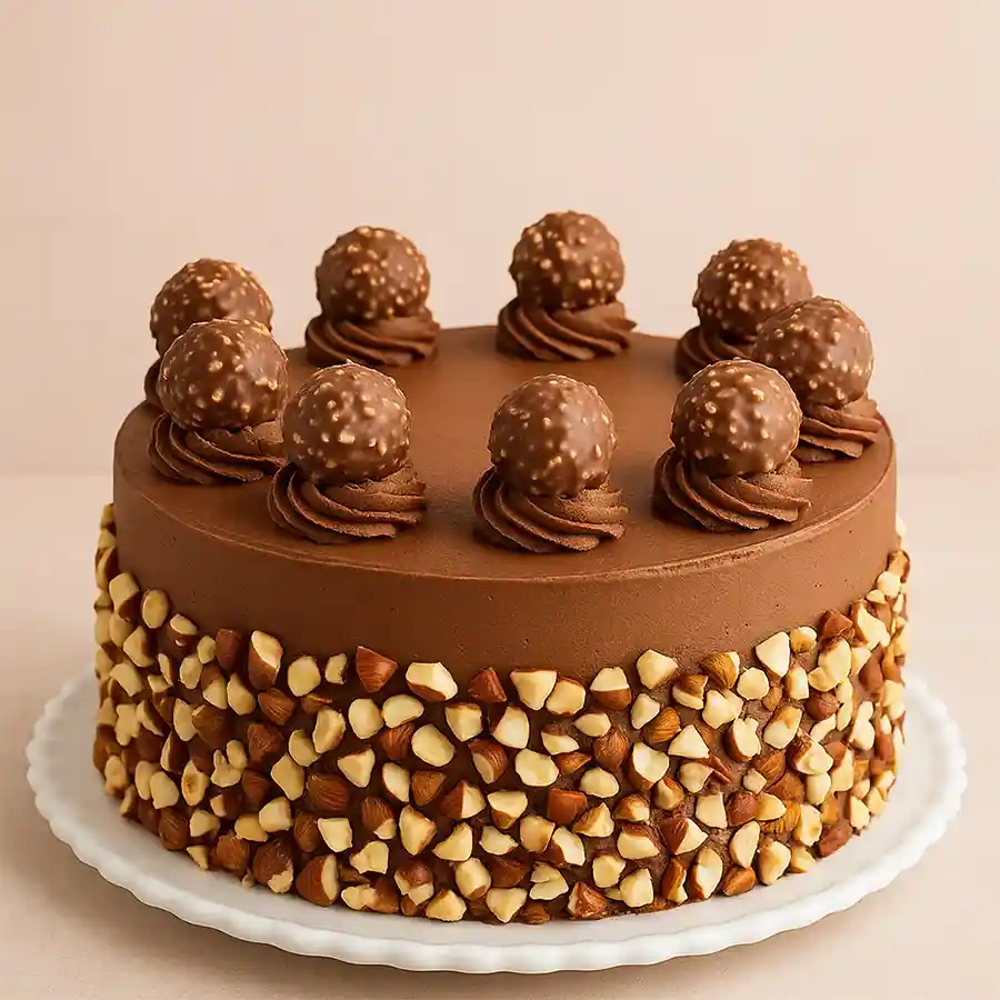 A 1/2 kg Decadent Choco-Ferrero Bliss Cake, layered with rich chocolate and infused with Ferrero flavor, perfect for sharing love.