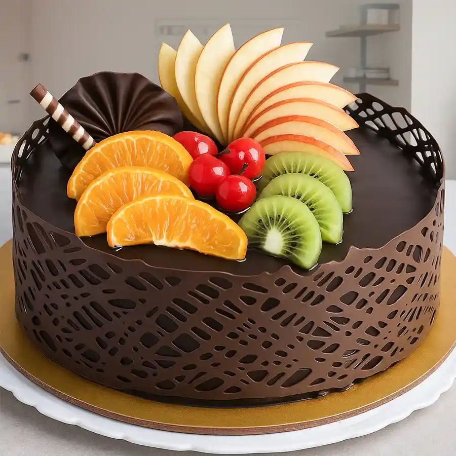 A beautifully decorated 1/2 kg Dark Chocochips Cake, perfect for celebrations and gifting, showcasing rich dark chocolate and chocochips.