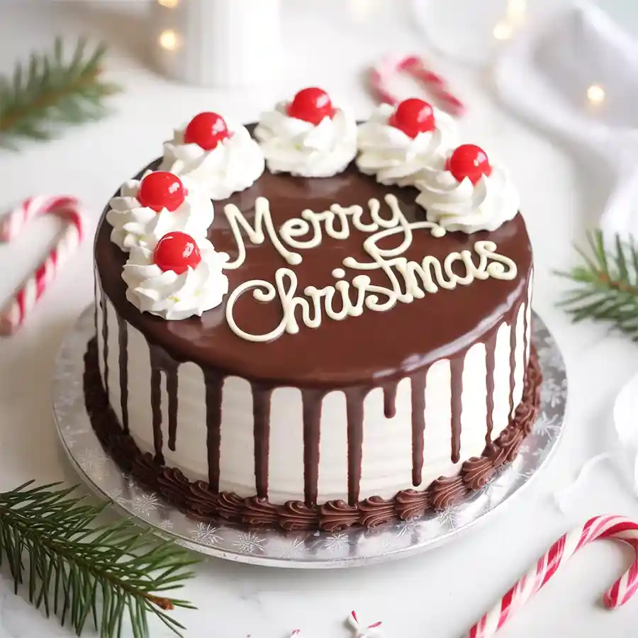 A festive 1 lb Black Forest Cake, beautifully decorated for Christmas celebrations, featuring rich chocolate layers and cherries.