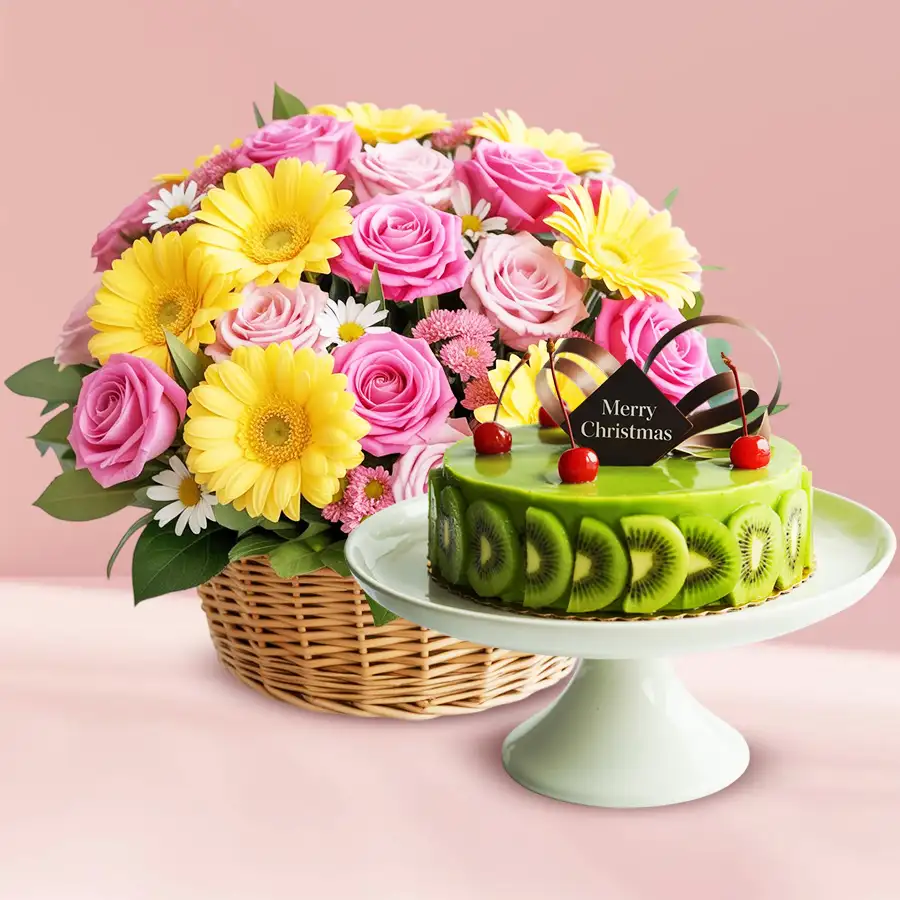 Festive 1 Lb Kiwi Cake paired with a basket of 12 seasonal flowers.