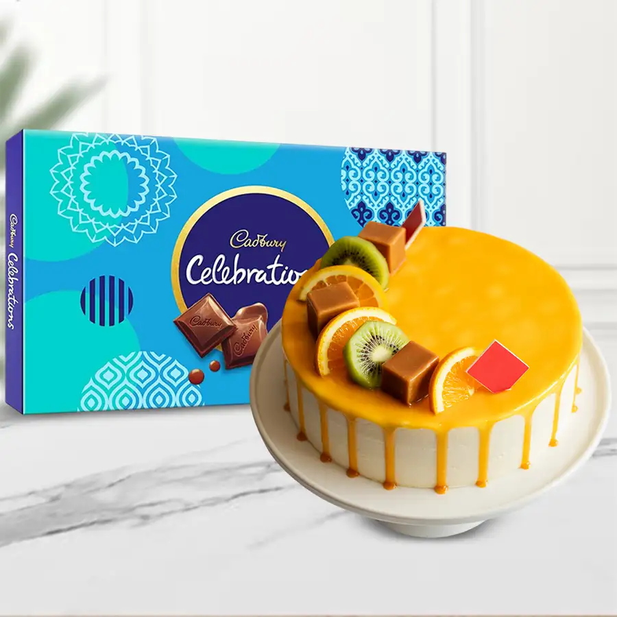 Fresh Fruits Cake with Cadbury Celebrations Pack for Christmas gifting.