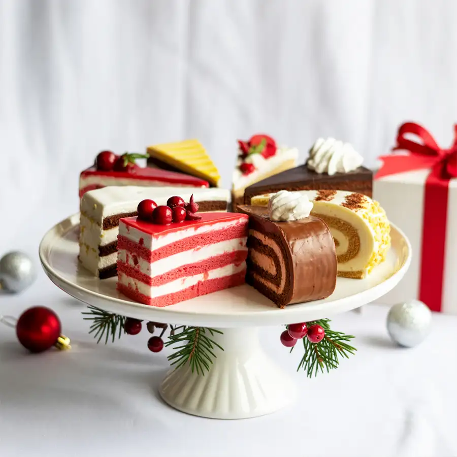 Assorted pastries and Ferrero Rocher chocolates in a festive gift set.