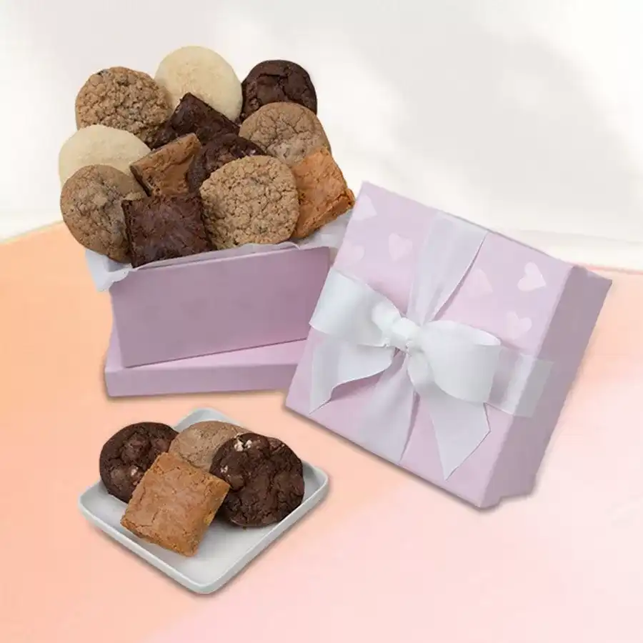 Assorted cookie gift box featuring Almond, Double Chocolate, and Ajwain flavors, showcasing freshly baked cookies in an elegant packaging.