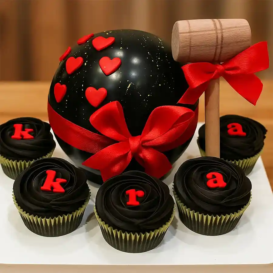 Ambrosial Chocolate Smash Cake with Hammer and Cupcakes