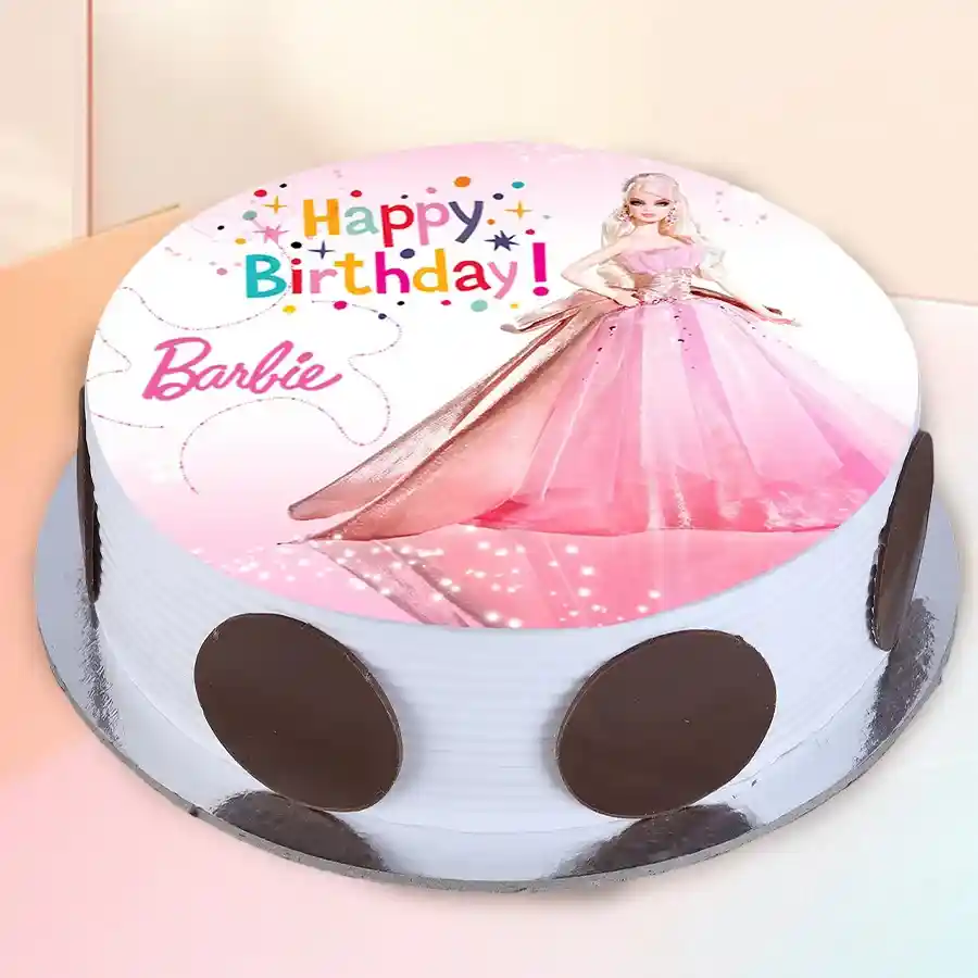 Designer Birthday Special Barbie Photo Cake, 1 lb, vibrant and uplifting.