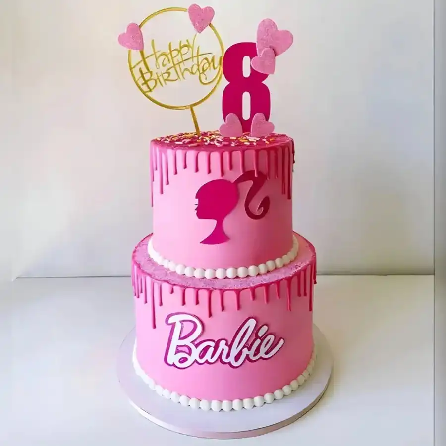 Two-tier Honeyed Barbie Cake for kids' celebration, weighing 2.2 lbs, designed to delight young guests at parties.