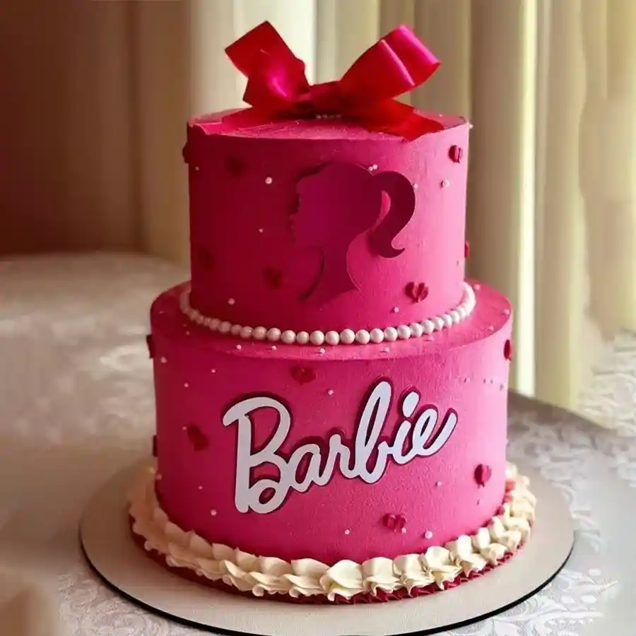 Festive two-tier Barbie cake, perfect for children's celebrations, weighing 3 kg.