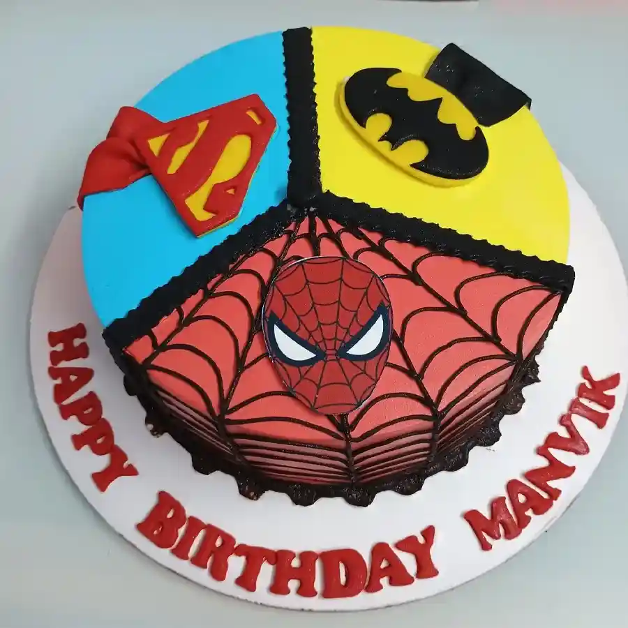Superhero Fondant Cake for children, bright and colorful design, perfect for celebrations.
