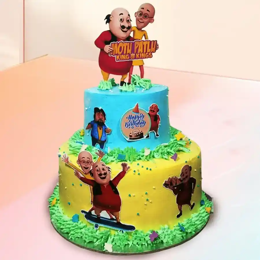 A charming 2 tier Motu Patlu cake designed for kids' parties, weighing 3 kg and ideal for celebrations.