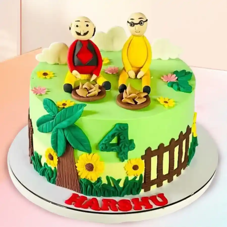 Whimsical Motu Patlu Fondant Cake for children's celebrations.