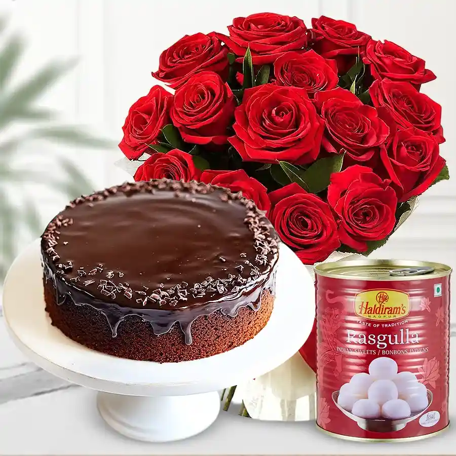 Red Roses Bouquet, Haldirams Rasgulla, and Eggless Chocolate Cake combo.