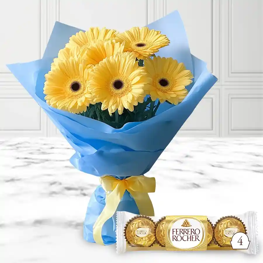 Bouquet of yellow gerberas paired with Ferrero Rocher chocolates