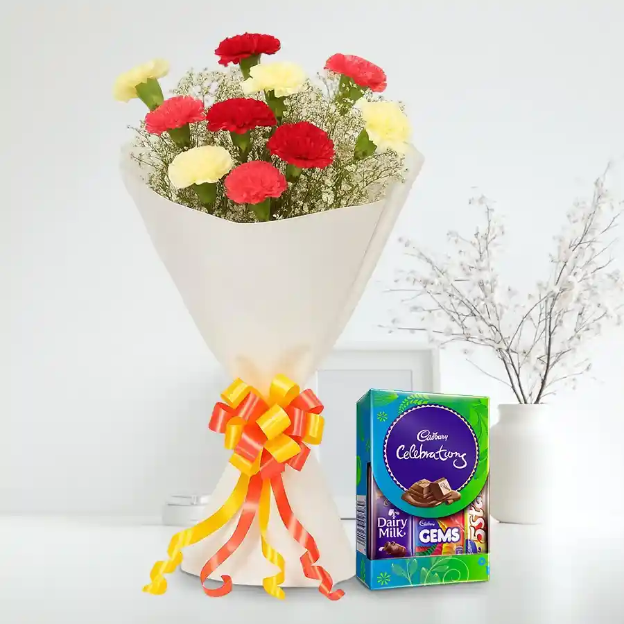 Mixed flowers bouquet featuring Gerberas, Carnations, and Red Roses paired with a Cadbury Mini Celebrations pack.