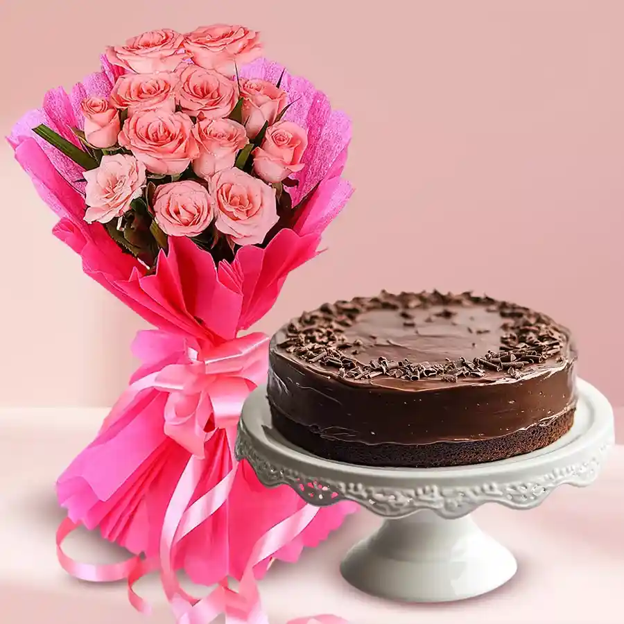 Enchanted Romance Gift Set featuring pink roses and chocolate cake.