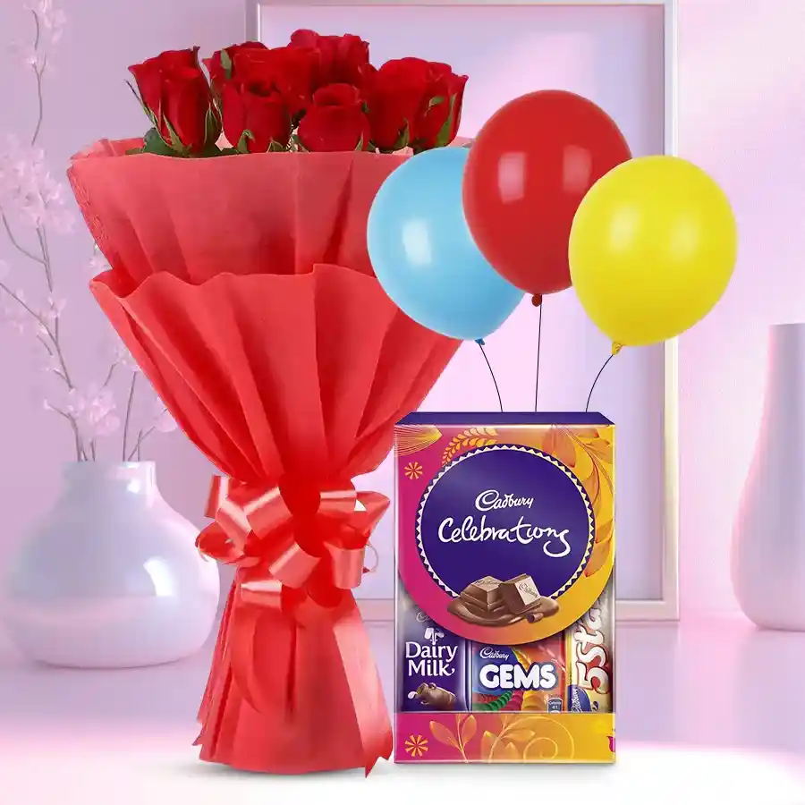Joyous Blooms, Sweet Treats & Cheer gift with red roses, chocolates, and balloons.