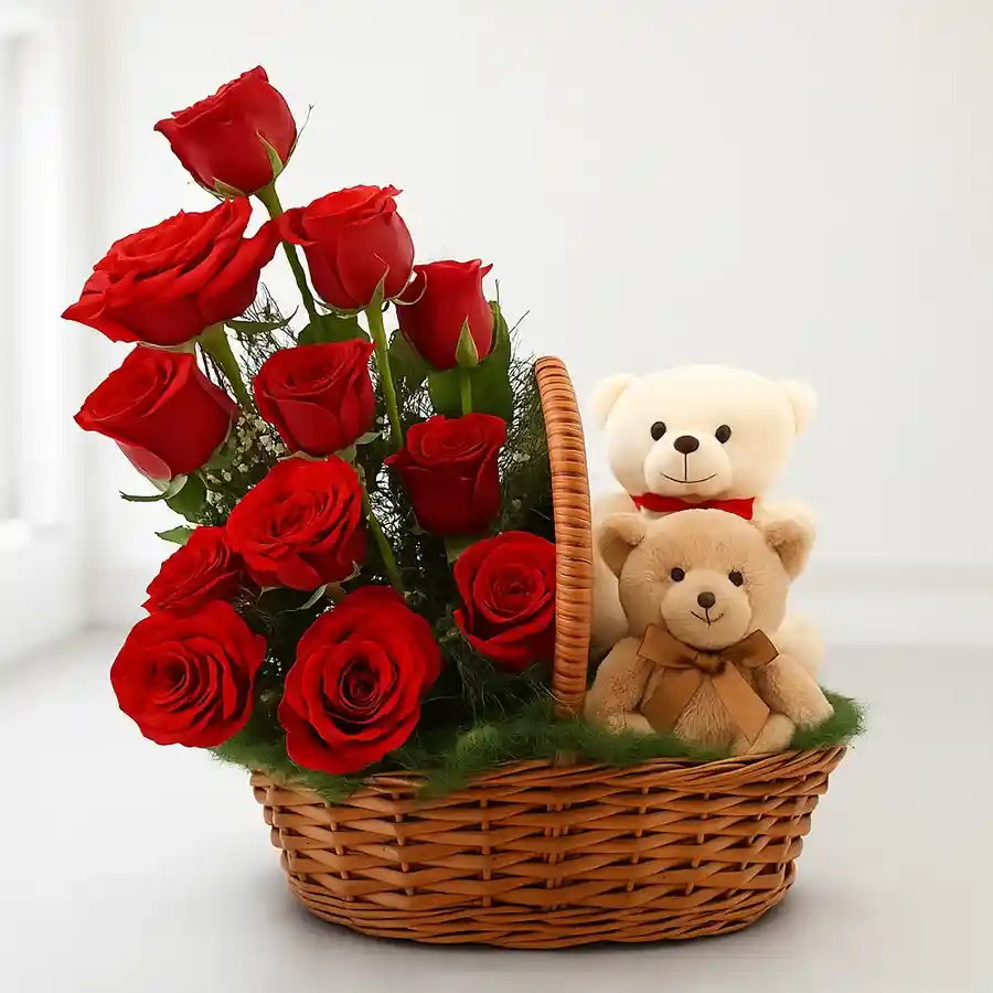 Twin teddies and 15 red roses arranged in a basket, perfect for gifting.