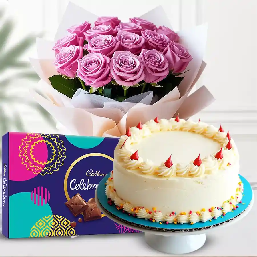 A delightful gift set featuring a bouquet of 12 pink roses and a 1 lb vanilla cake.