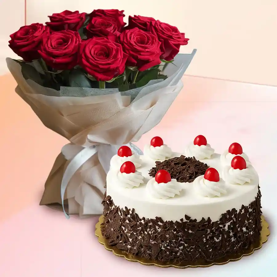 Black Forest Cake paired with a bouquet of 10 red roses, elegantly decorated with tissue.