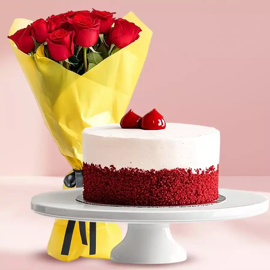 A radiant bouquet of ten red roses paired with a rich red velvet cake, perfect for gifting on special occasions.