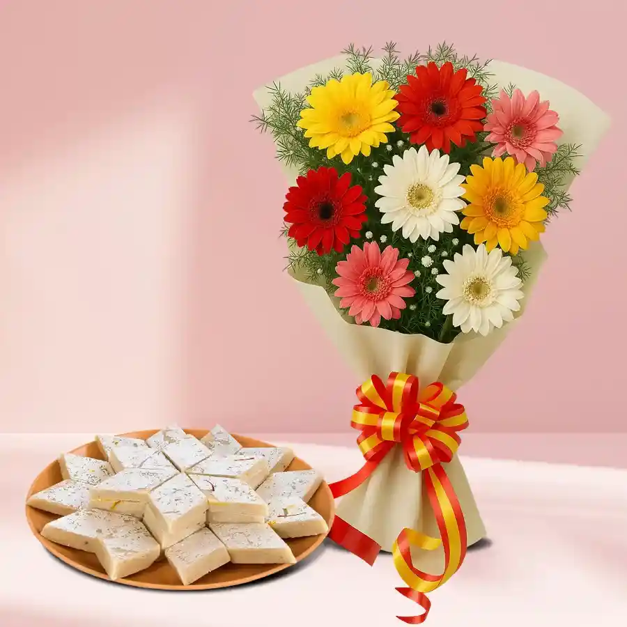 Colorful 15 mixed gerberas with 500g Kaju Katli gift combo.