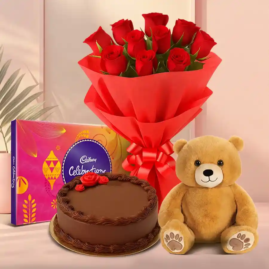 Adorable teddy alongside chocolate cake and red rose bouquet for a sweet celebration.
