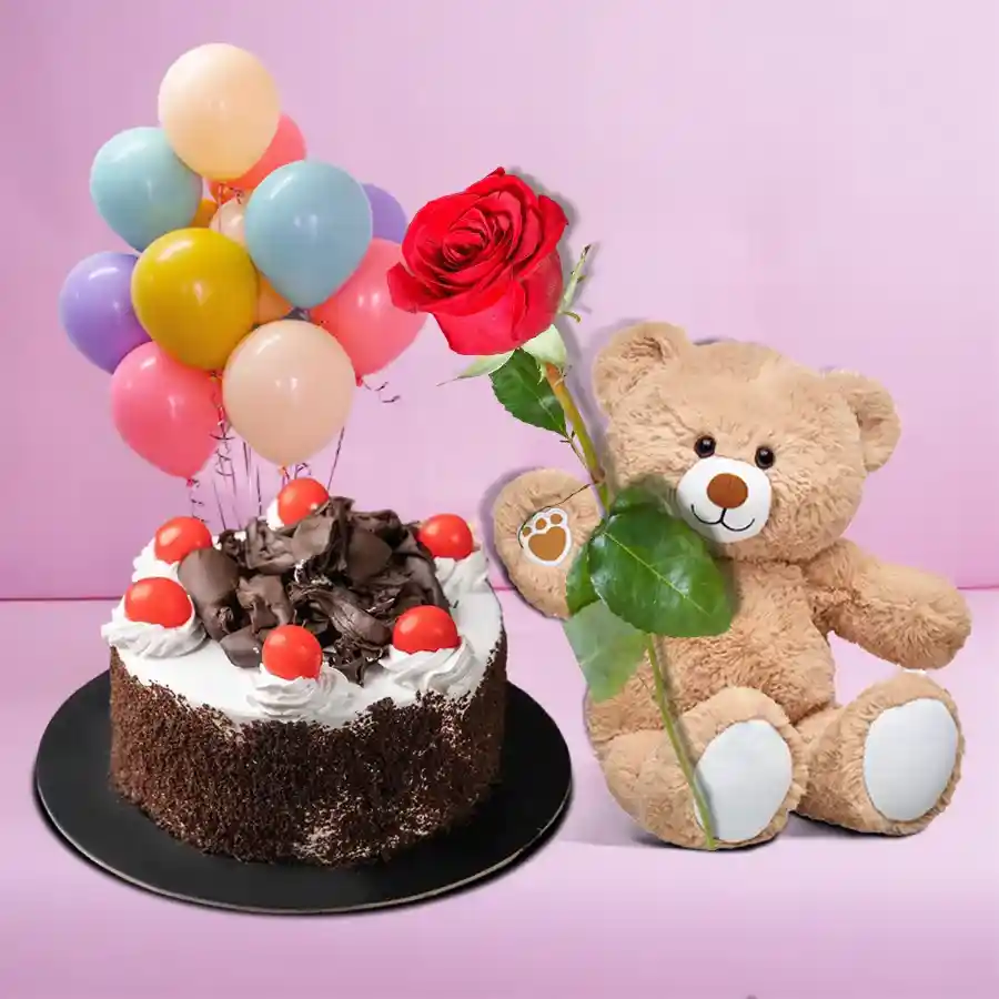 Elegant gift bundle featuring a single red rose, Black Forest cake, a small teddy bear, and colorful balloons.