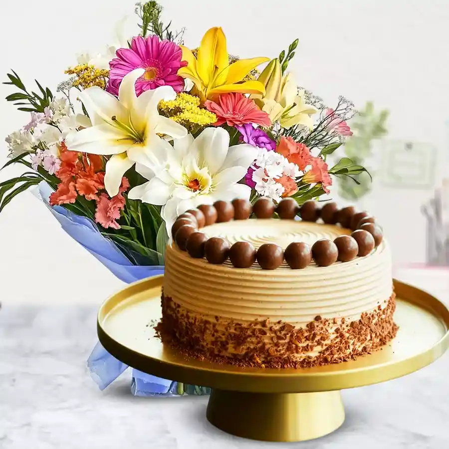 Beautiful 12 mixed flowers bouquet paired with a 1 kg coffee cake for Mother's Day celebration.
