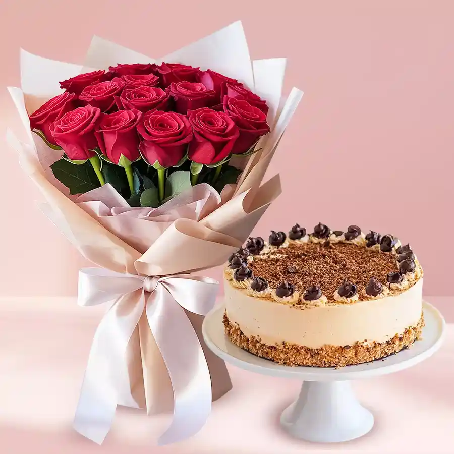 A stunning gift combo featuring 12 red roses and a 500g coffee cake, ideal for celebrating special moments.