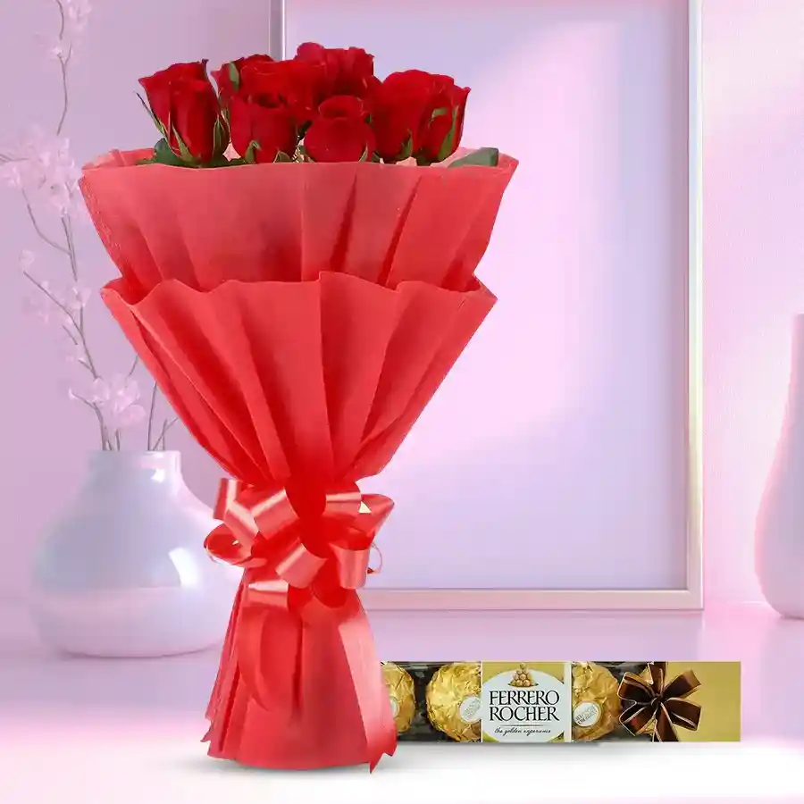 A beautiful bouquet of ten red roses accompanied by four Ferrero Rocher chocolates, ideal for celebrations.
