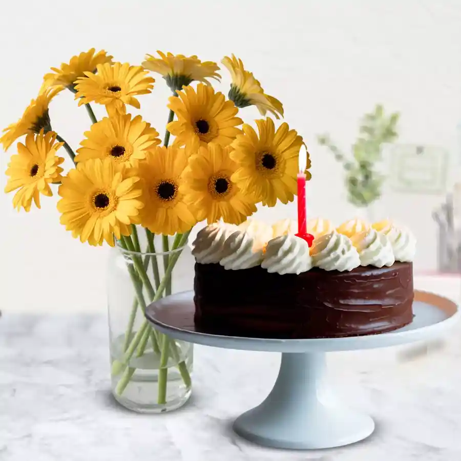 Midnight delivery of a chocolate cake with candles and yellow gerberas in a vase.