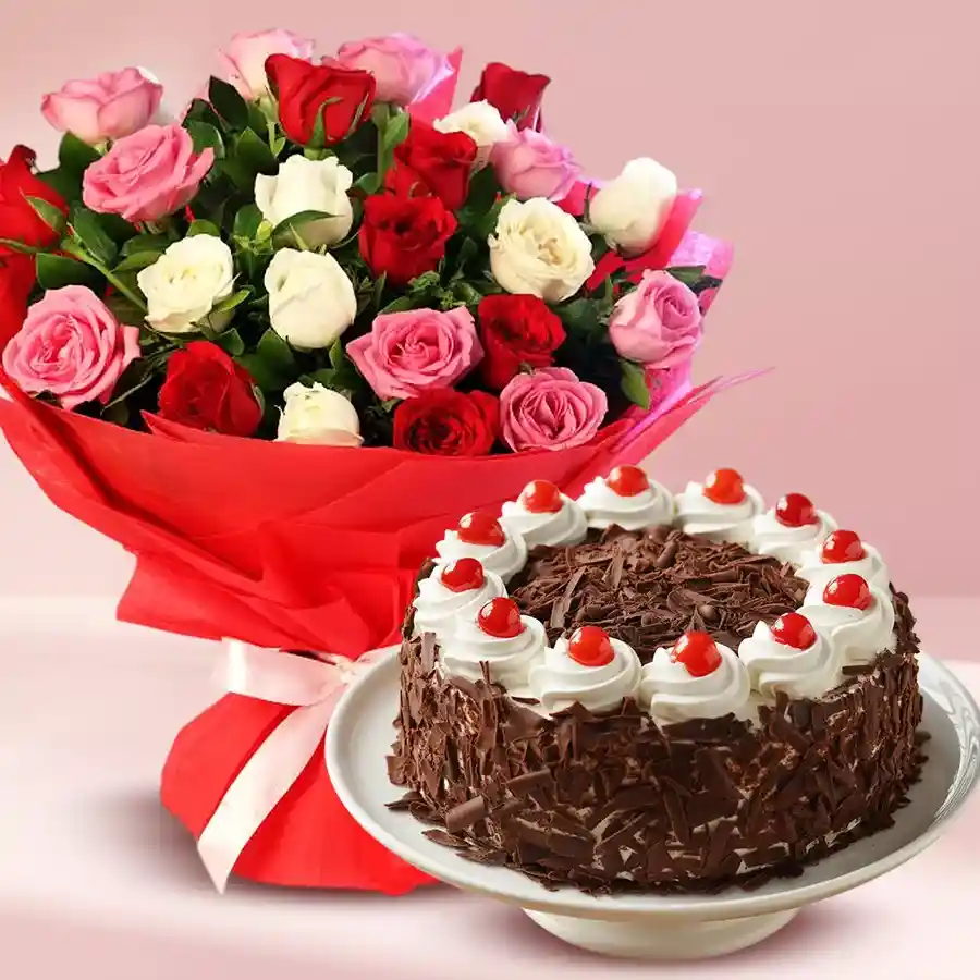 A stunning arrangement featuring a 1 Kg Black Forest Cake alongside two dozen vibrant multicolor roses, ideal for special occasions.