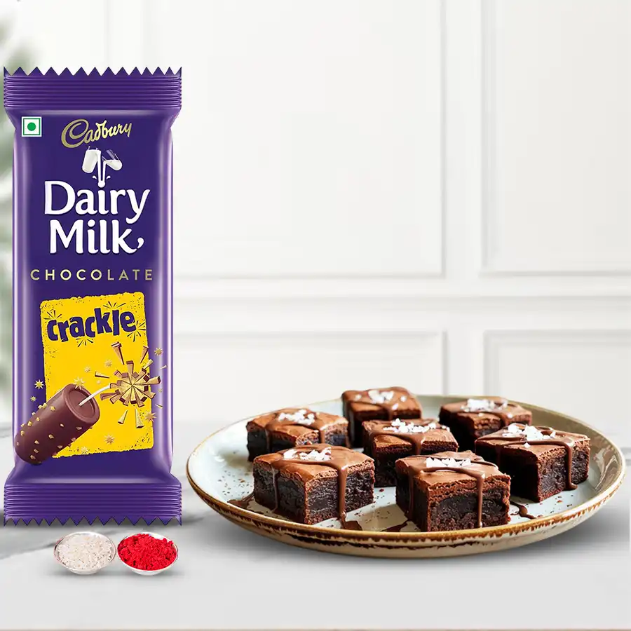 A delectable Cadbury Crackle N Brownie gift for Bhai Dooj, featuring free Roli Tika n Chawal to celebrate the bond between siblings.