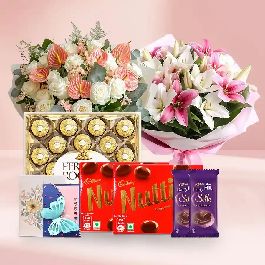 Beautiful flowers arrangement featuring 10 lilies, 15 roses, and chocolates.