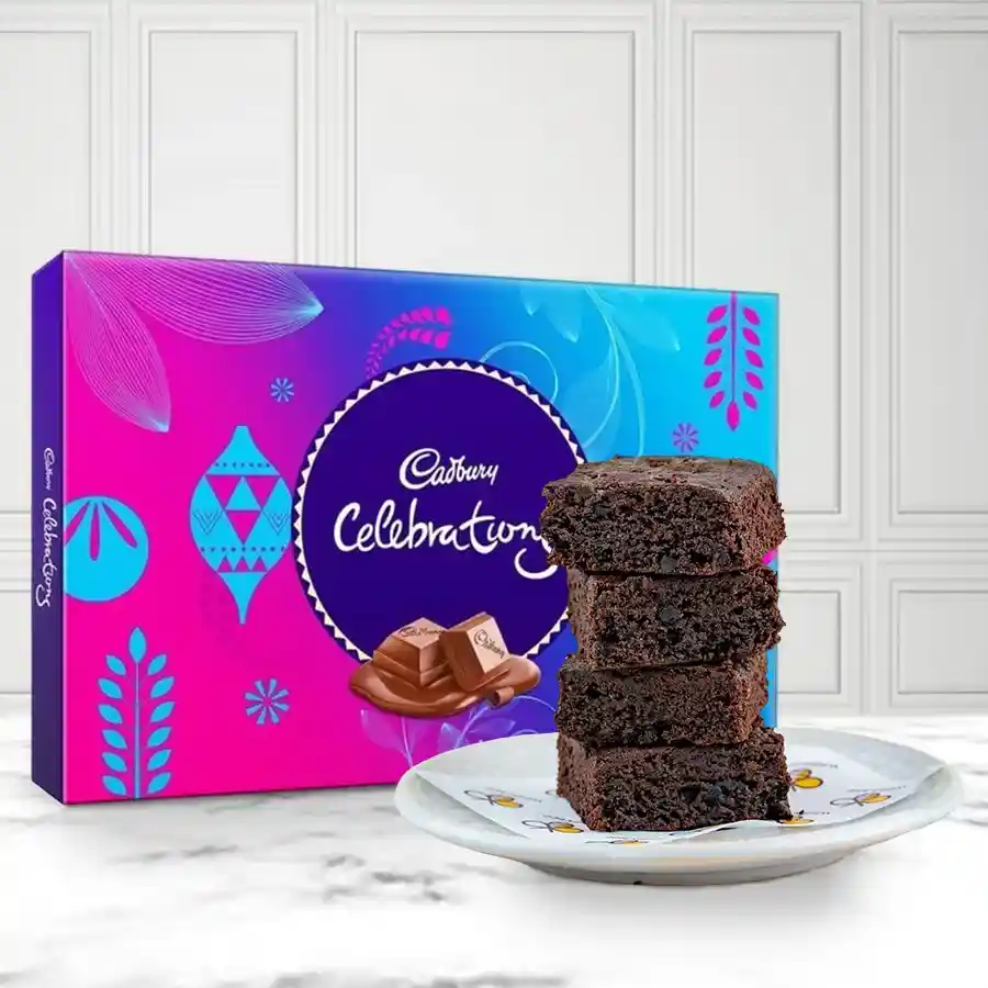 Two delicious brownies with a Cadbury Celebrations Pack in a beautiful gift presentation.