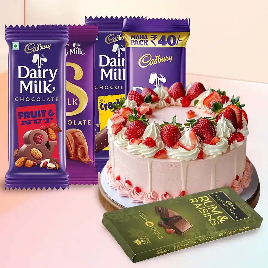 Birthday celebration gift featuring a 1 lbs Strawberry Cake and assorted Cadbury chocolates.