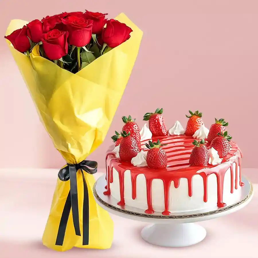 Strawberry cake with a bouquet of ten roses for birthday celebrations.