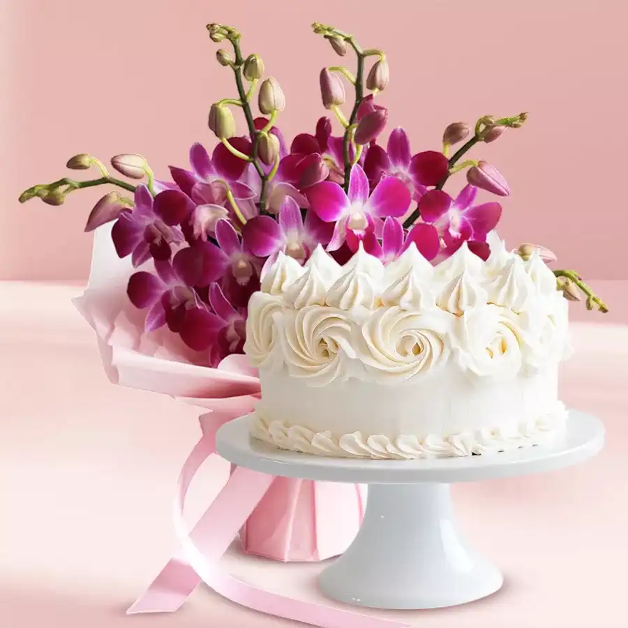 A beautiful gift set featuring a bouquet of 10 orchids alongside a delicious 1 lb vanilla cake, perfect for anniversaries.