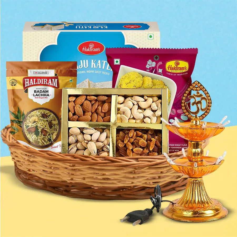 Wonderful Assortments Gift Hamper with 2 Tier LED Lamp for Diwali.