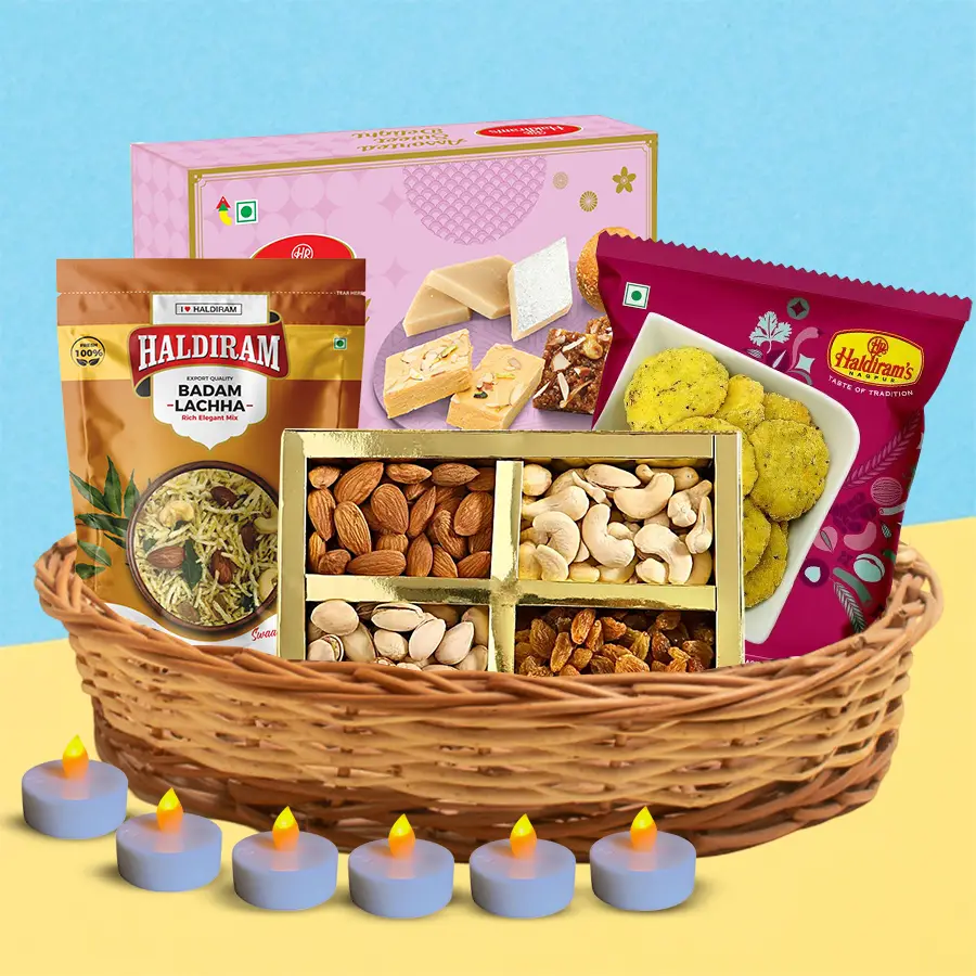 Diwali Joyful Gift Assortment with sweets, dry fruits, and LED candles.