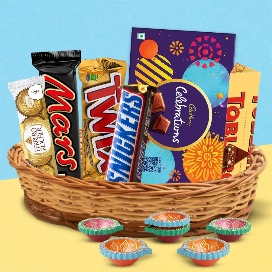 Wonderful Chocos Gift Hamper with chocolates and Mud Diyas for Diwali.