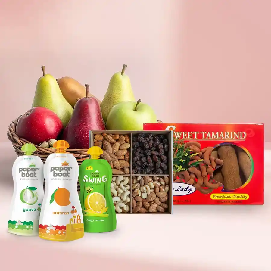 A vibrant gift basket filled with fresh fruits and assorted nuts, perfect for gifting.